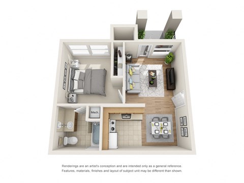Floor plan for 1 bed, 1 bath, 512 sqft